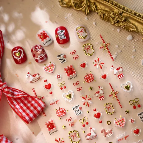 Pegatinas para Uñas Relieve 3D Pony Año Nuevo Lindo Rojo Blanco Dorado Corazón Lazo Fuegos Artificiales Calcomanías Uñas Mujer