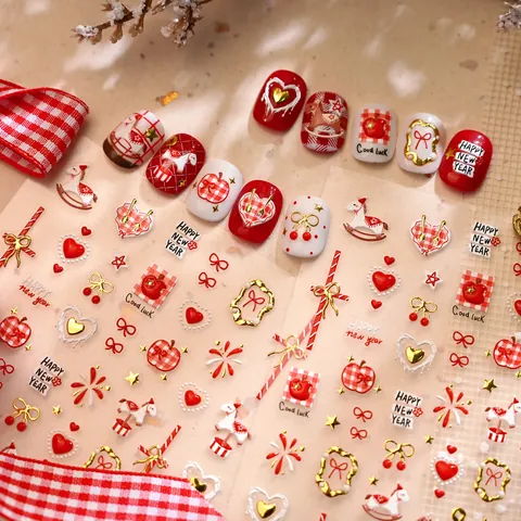 Pegatinas para Uñas Relieve 3D Pony Año Nuevo Lindo Rojo Blanco Dorado Corazón Lazo Fuegos Artificiales Calcomanías Uñas Mujer