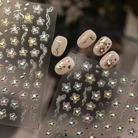 3D Geprägte Blumen Nagelaufkleber Kunstperlen Silber Metallkante Französischer Stil Floral Herz DIY Maniküre Damen