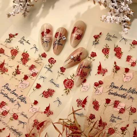 Pegatinas para Uñas Vintage Francesas Rosas TS4242 Diseño Carta de Amor Manicura Adhesiva Ultrafina para Mujer