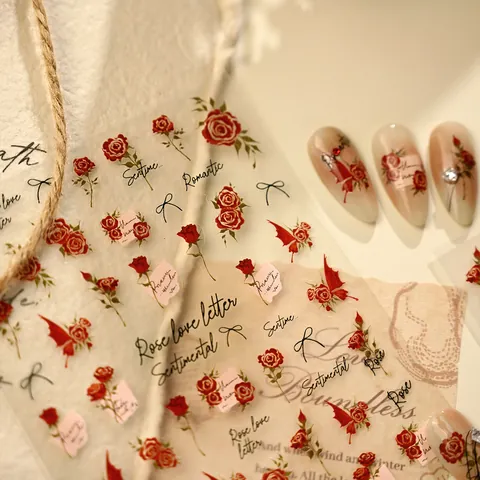 Pegatinas para Uñas Vintage Francesas Rosas TS4242 Diseño Carta de Amor Manicura Adhesiva Ultrafina para Mujer