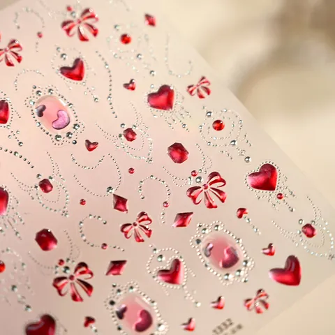5D Embossed Nail Art Stickers Red Heart Bow Silver Accent Valentine's Day Romantic Sweet DIY Manicure Decor Accessories