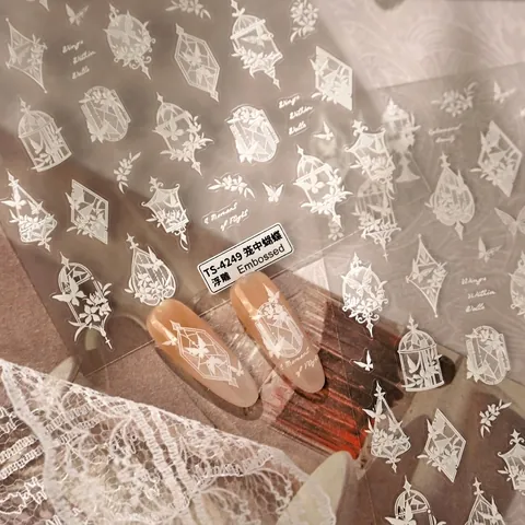 5D Embossed White Nail Art Stickers Vintage French Birdcage Butterfly Vine Design Self-Adhesive Manicure Decoration Women