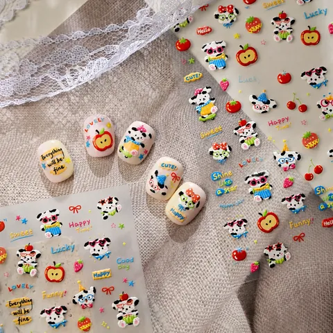 5D Relief Nail Art Stickers Cute Cartoon Puppy Fruit Patterns Embossed Self Adhesive Decals For Women DIY Manicure Decoration