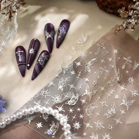 Holografische Schmetterling Nagelaufkleber Silber Laser Kreuz Sternenstrahl Muster Französischer Stil DIY Maniküre Dekor Damen