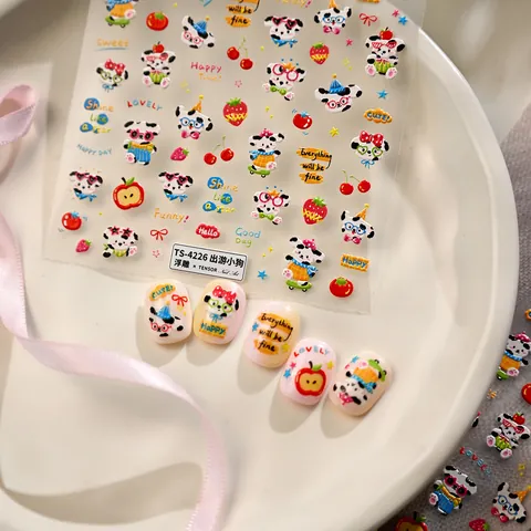 5D Relief Nail Art Stickers Cute Cartoon Puppy Fruit Patterns Embossed Self Adhesive Decals For Women DIY Manicure Decoration