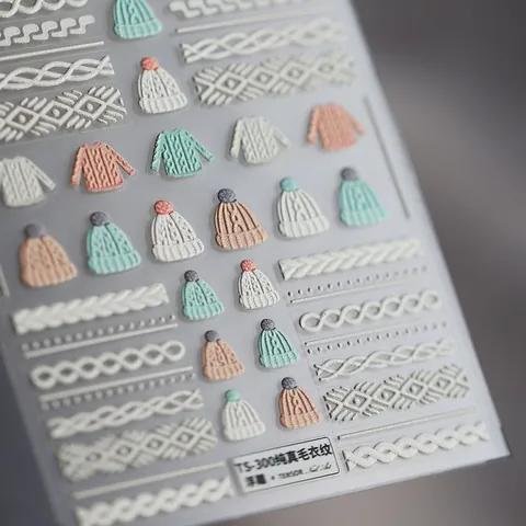 5D Embossed Nail Art Stickers Sweater Knitting Pattern 3D Relief Manicure Decals DIY Winter Theme Women Beauty Accessory