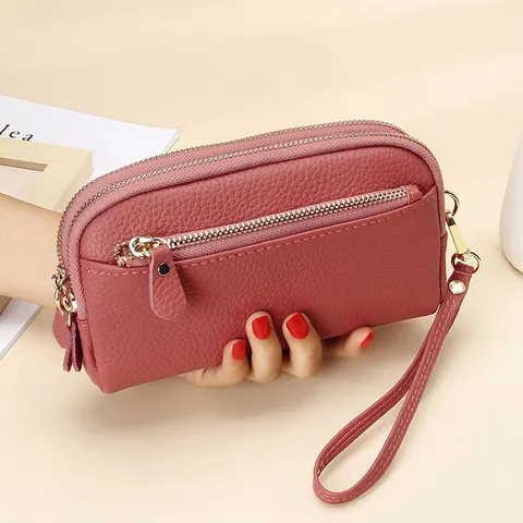 Fashion Top Layer Cowhide Women Clutch Bag Large Capacity Three Layer Zipper Wallet Litchi Grain Leather Phone Bag Wristlet