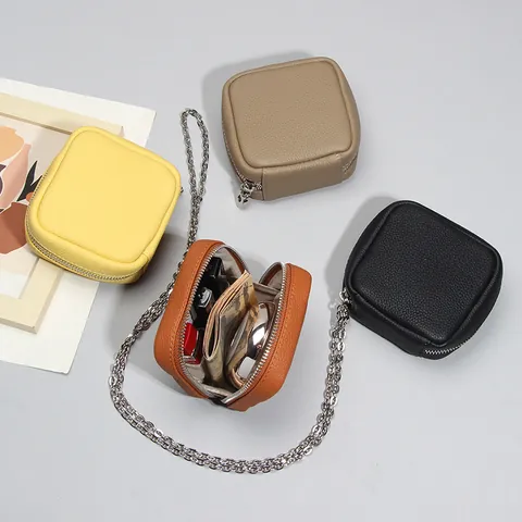 Genuine Leather Litchi Texture Mini Square Bag For Women Small Crossbody Bag With Chain Strap Portable Coin Purse Lipstick Organizer Jewelry Storage Pouch Elegant Daily Accessory