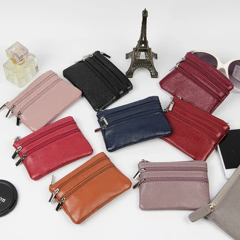 Echtes Leder Mini Münzbörse Für Damen Herren Top Layer Rindsleder Drei Reißverschluss Kartenhalter Schlüsselanhänger Lychee Textur