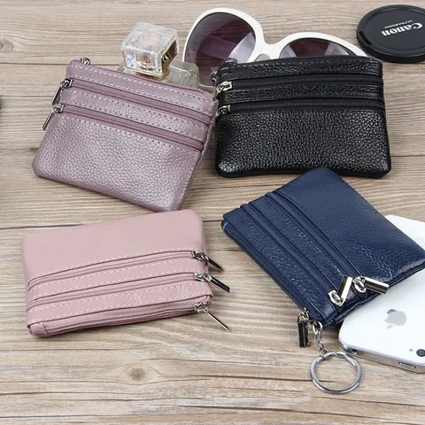 Echtes Leder Mini Münzbörse Für Damen Herren Top Layer Rindsleder Drei Reißverschluss Kartenhalter Schlüsselanhänger Lychee Textur