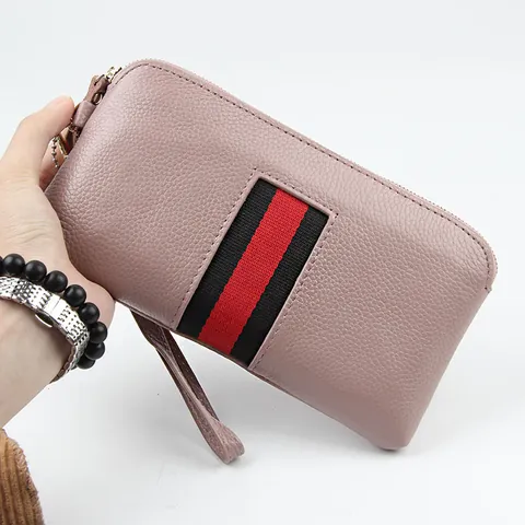 Women's Top Layer Cowhide Leather Long Wallet Fashion Stripe Ribbon Decor Litchi Texture Zipper Clutch Purse Mobile Phone Bag
