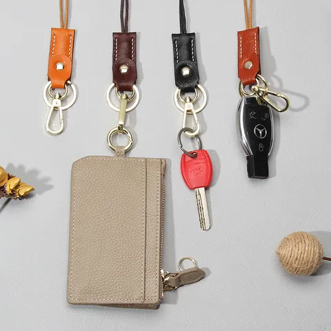 Retro Vegetable Tanned Genuine Leather Keychain Lanyard Handmade Neck Strap With Metal Hook For Car Keys ID Card Holder Men Women