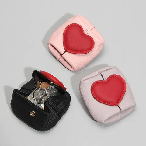 Women Genuine Leather Mini Coin Purse Top Layer Cowhide Heart Pattern Contrast Color Portable Earphone Storage Small Bag