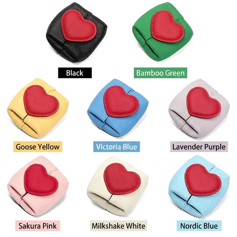 Women Genuine Leather Mini Coin Purse Top Layer Cowhide Heart Pattern Contrast Color Portable Earphone Storage Small Bag