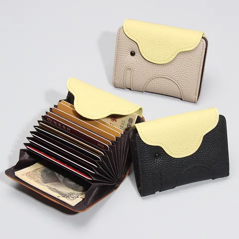 Tarjetero de Cuero Genuino para Mujer Forma de Elefante Estilo Acordeón Multiranura Cartera Linda Bloque de Color Monedero