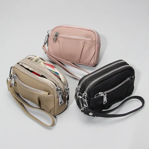 Genuine Leather Coin Purse Litchi Grain Cowhide Mini Wallet With Wrist Strap Multi Zipper Storage Bag For Women Daily Use