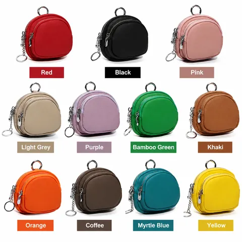 Echt Leder Mini Münzbeutel Dual Reißverschluss Kuhleder Schlüsselhalter Portemonnaie Damen Litschi Muster Kleingeld Tasche