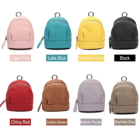 Women Mini First Layer Cowhide Leather Coin Purse Litchi Grain Small Backpack Shape Key Lipstick Storage Pouch With Hook
