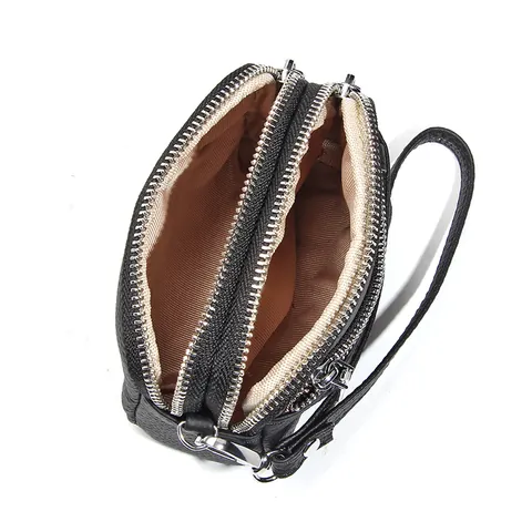Genuine Leather Coin Purse Litchi Grain Cowhide Mini Wallet With Wrist Strap Multi Zipper Storage Bag For Women Daily Use