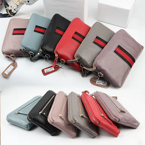 Women's Top Layer Cowhide Leather Long Wallet Fashion Stripe Ribbon Decor Litchi Texture Zipper Clutch Purse Mobile Phone Bag