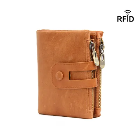 Heren Retro Crazy Horse Top-Grain Rundleer Portemonnee RFID-blokkering Opvouwbare Korte Portemonnee Met Ritsmuntvak