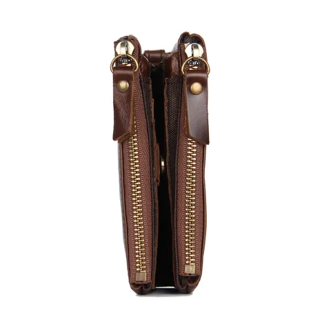 Portefeuille Homme en Cuir Véritable Vintage Crazy Horse Court Double Fermeture Éclair Protection RFID Porte-monnaie Rétro