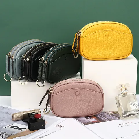 Portamonete da Donna in Pelle di Vacchetta di Primo Strato Doppia Cerniera Mini Portafoglio Grana Martellata Con Portachiavi