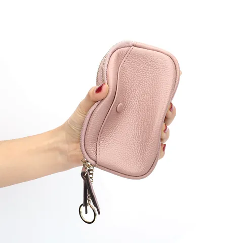 Portamonete da Donna in Pelle di Vacchetta di Primo Strato Doppia Cerniera Mini Portafoglio Grana Martellata Con Portachiavi