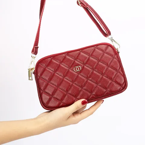 Women Genuine Leather Quilted Crossbody Bag Diamond Pattern Small Square Shoulder Bag Fashion Double Ring Buckle Purse