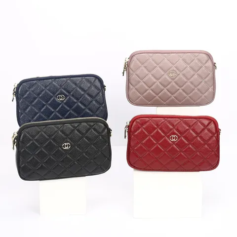 Women Genuine Leather Quilted Crossbody Bag Diamond Pattern Small Square Shoulder Bag Fashion Double Ring Buckle Purse