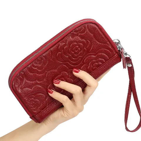 Women's Genuine Cowhide Leather Long Wallet Double Zipper Rose Embossed Clutch Bag With Wristlet Mobile Phone Purse