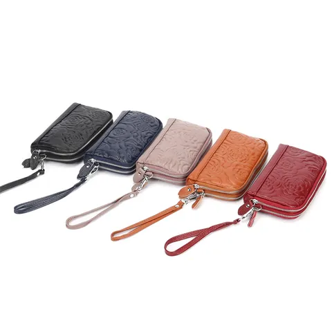 Women's Genuine Cowhide Leather Long Wallet Double Zipper Rose Embossed Clutch Bag With Wristlet Mobile Phone Purse