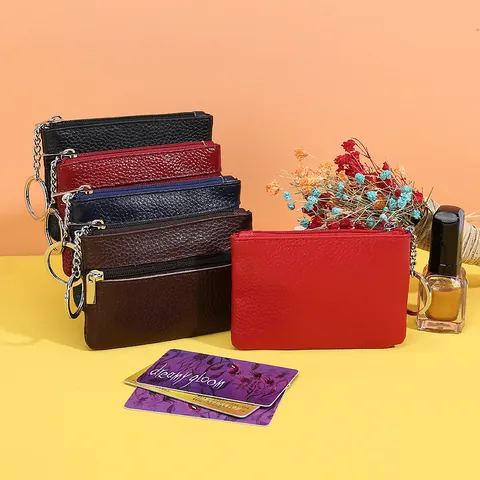 Genuine Leather Coin Purse For Women Top Grain Cowhide Litchi Grain Small Zipper Wallet Mini Key Ring Storage Bag
