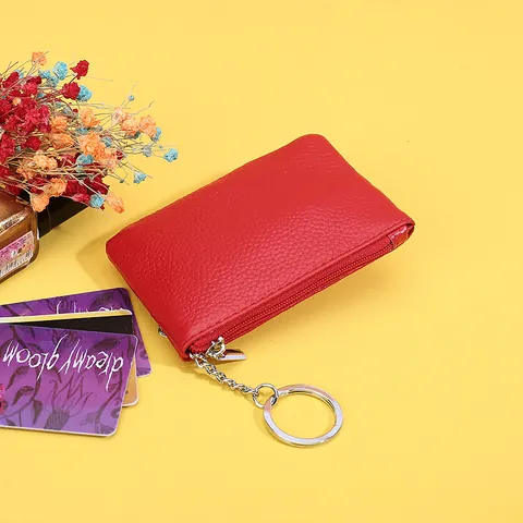 Genuine Leather Coin Purse For Women Top Grain Cowhide Litchi Grain Small Zipper Wallet Mini Key Ring Storage Bag