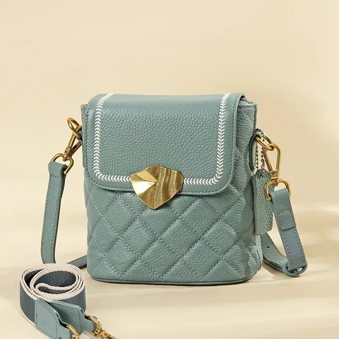 Women Genuine Leather Bucket Bag First Layer Cowhide Rhombic Quilted Crossbody Bag With Wide Shoulder Strap Gold Buckle