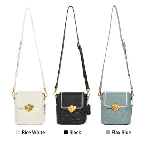 Women Genuine Leather Bucket Bag First Layer Cowhide Rhombic Quilted Crossbody Bag With Wide Shoulder Strap Gold Buckle