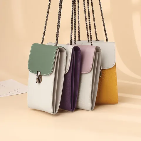 Damen Handyhülle Aus Echtem Leder Colorblock Umhängetasche Mit Kette Litschi-Struktur Vertikale Quadratische Umhängetasche