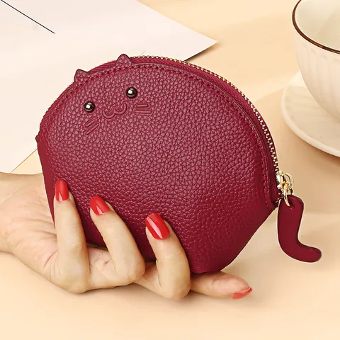 Cute Cat Shape Top Layer Cowhide Leather Coin Purse For Women Mini Animal Design Key Wallet Zipper Storage Pouch Bag