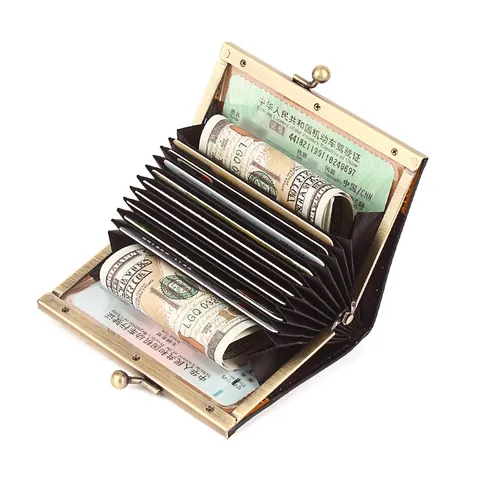 Portacarte in Vera Pelle Vintage per Donna Uomo Pelle di Vacchetta Cerata ad Olio a Fisarmonica con Chiusura in Metallo Mini Portamonete