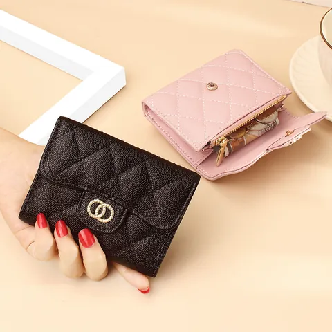 Women's Quilted Leather Small Wallet Double Ring Design Luxury Coin Purse Credit Card Holder Fashion Ladies Mini Clutch Foldable