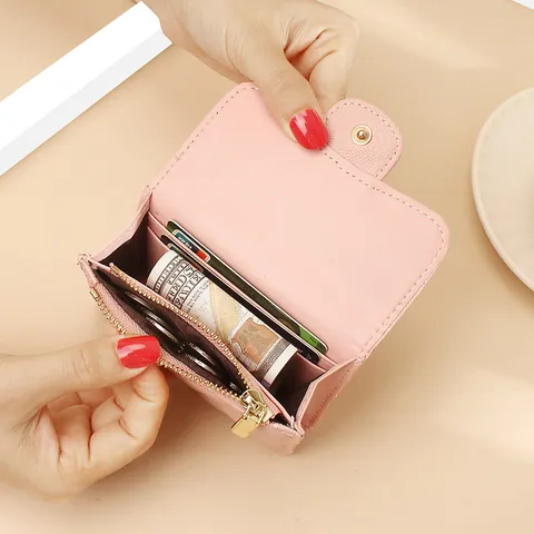 Women's Quilted Leather Small Wallet Double Ring Design Luxury Coin Purse Credit Card Holder Fashion Ladies Mini Clutch Foldable