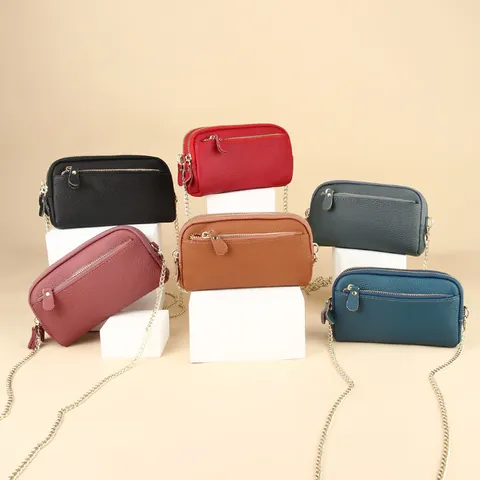 Damen Kopfschicht Rindsleder Umhängetasche Mode Mehrschichtige Litschi-Muster Handytasche Goldene Kette Schultertasche
