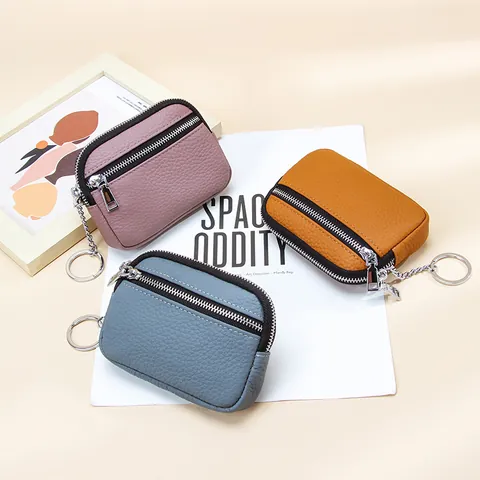 Genuine Cowhide Leather Mini Coin Purse With Double Zipper Keychain Litchi Pattern Small Wallet For Women Key Card Storage