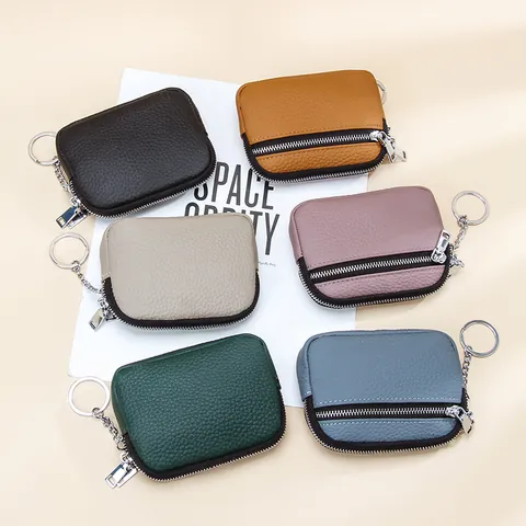 Genuine Cowhide Leather Mini Coin Purse With Double Zipper Keychain Litchi Pattern Small Wallet For Women Key Card Storage