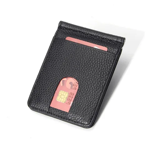 Slim Genuine Cowhide Leather Money Clip Wallet For Men Multi Card Slot Litchi Texture Minimalist Short Folded Card Holder