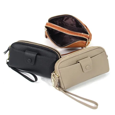 Women Cowhide Leather Long Wallet Litchi Grain Phone Bag Multi Zipper Front Snap Pocket Wrist Strap Metal Chain Handbag