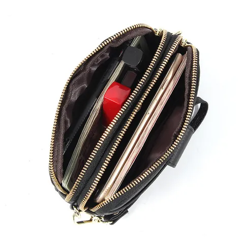 Women Cowhide Leather Long Wallet Litchi Grain Phone Bag Multi Zipper Front Snap Pocket Wrist Strap Metal Chain Handbag