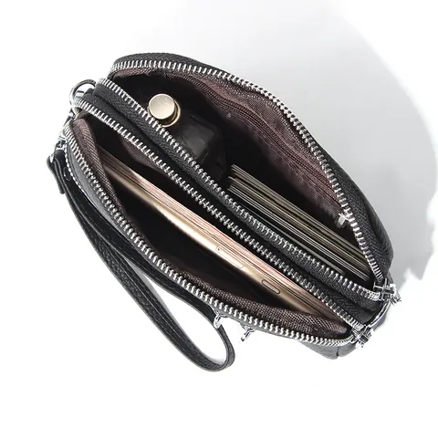 Echtes Leder Damen Umhängetasche Lychee Maserung Kleine Quadratische Schultertasche Mit Drei Reißverschlüssen Handgelenktasche