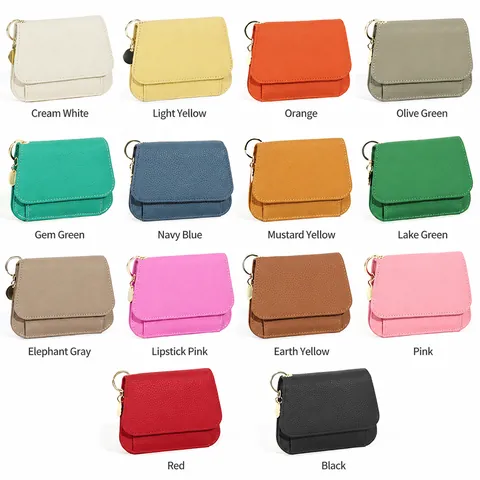Women Genuine Leather RFID Blocking Wallet First Layer Cowhide Litchi Texture Short Card Holder With Keychain Metal Ring Purse